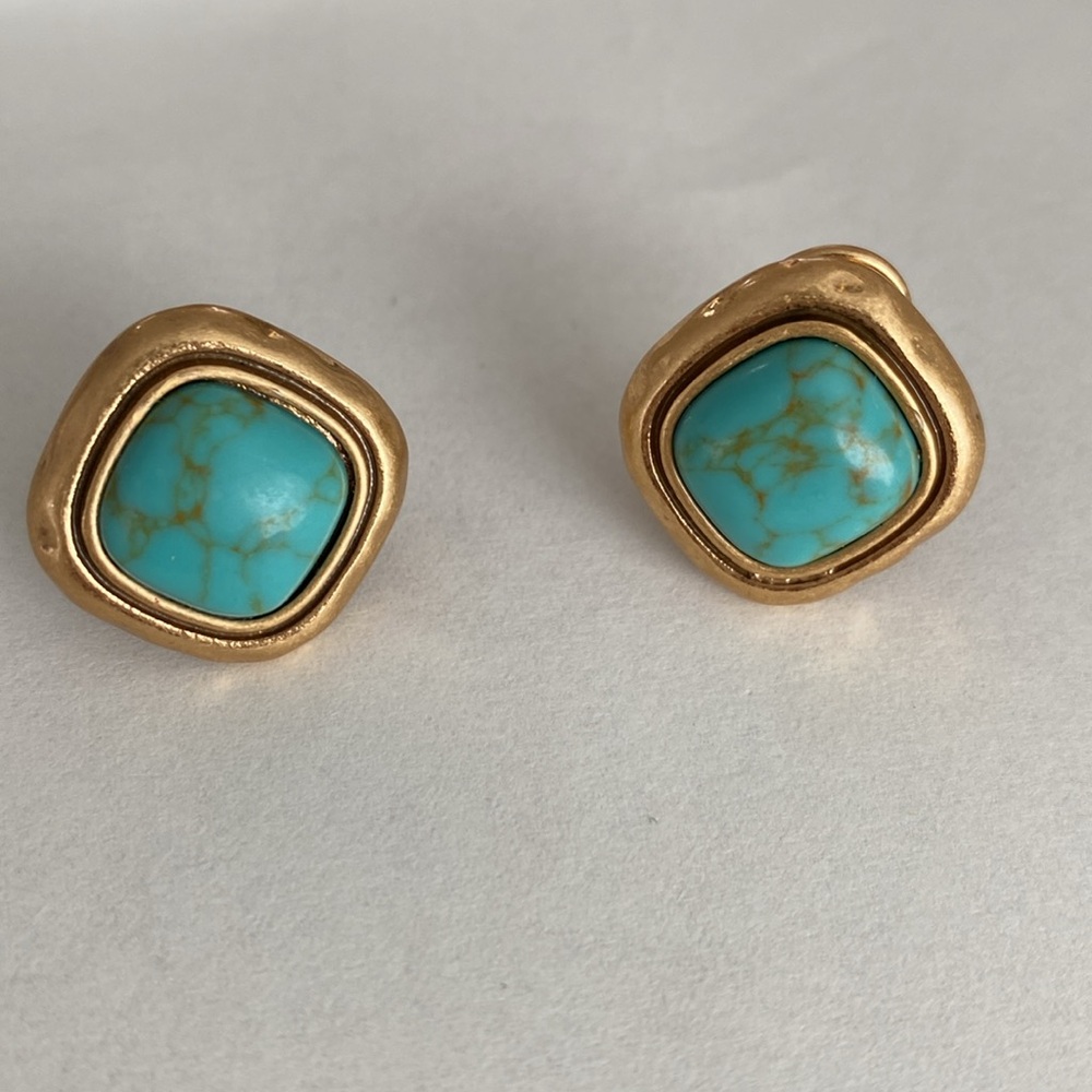 Gold and Turquoise Stud Earrings - Picture 3 of 6